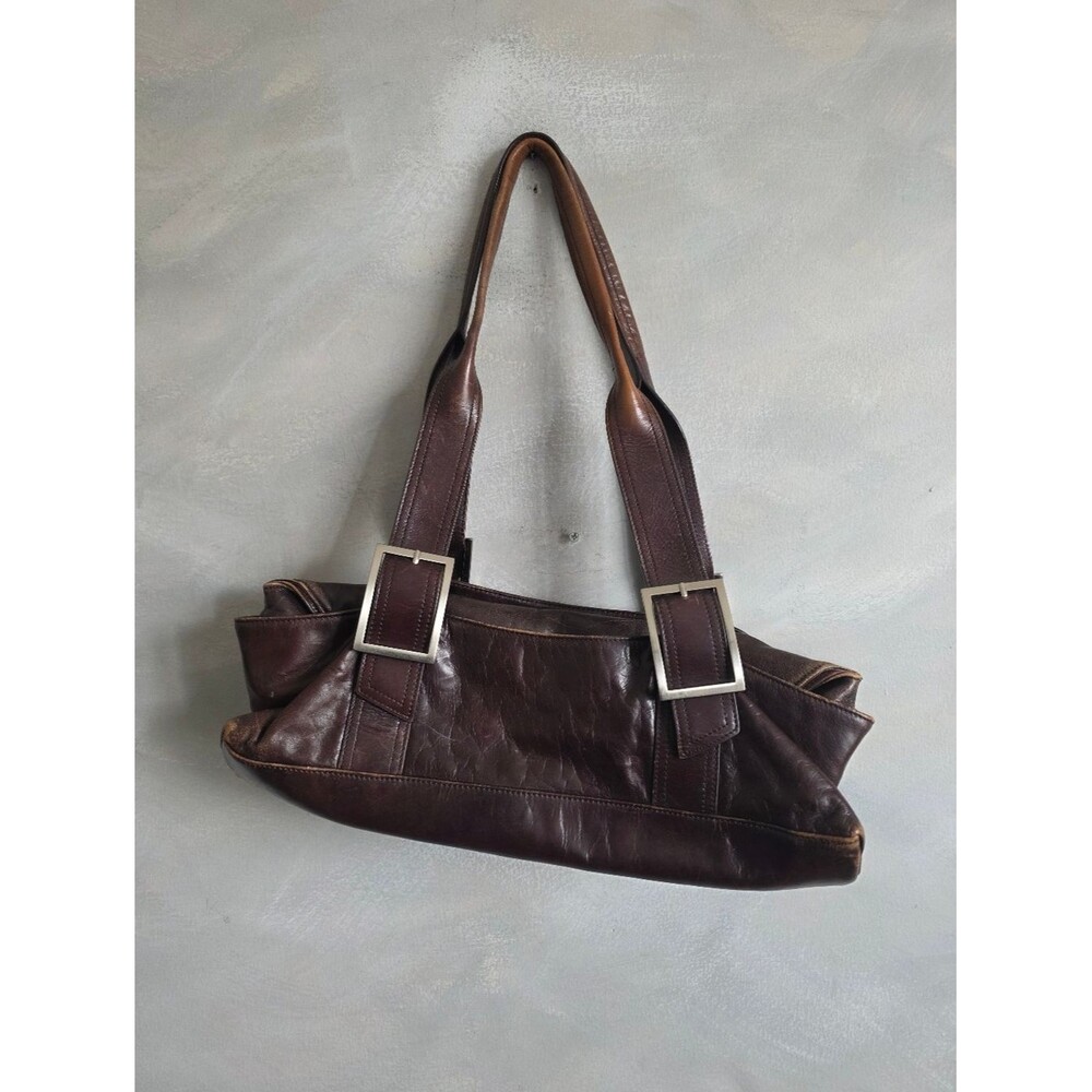 Keneth Cole Brown Leather Shoulder Bag Silver Hardware Buckles Weathered Patina - Picture 11 of 11